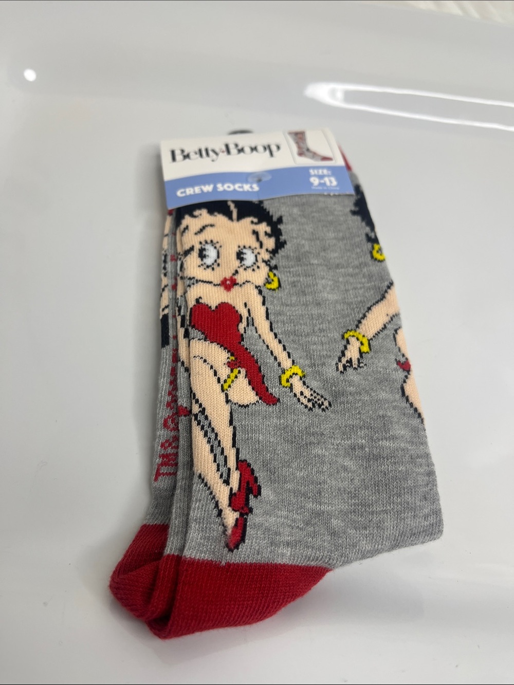 Betty Boop Gray Crew Socks with Red and Yellow Accents